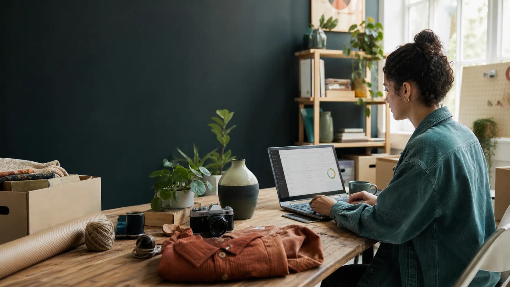 Independent seller organizing marketplace listings from a home studio